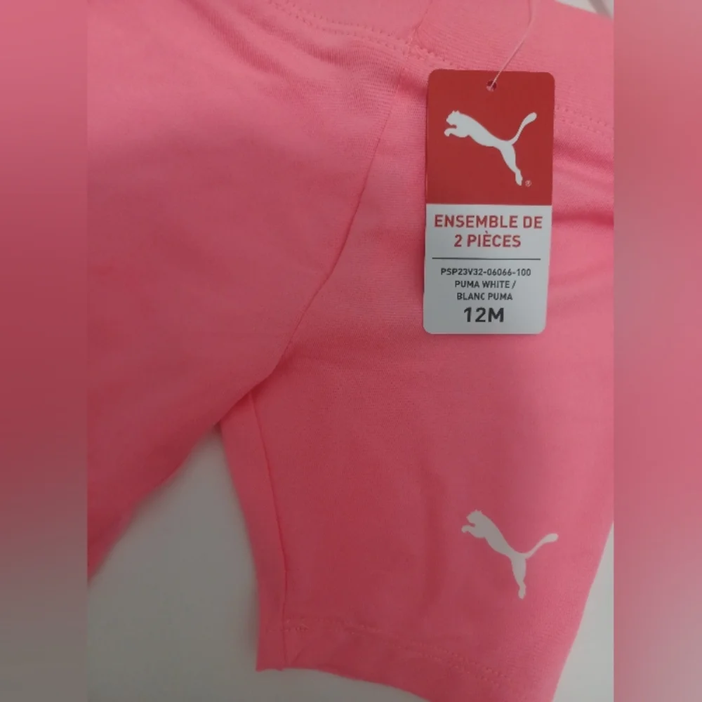 Puma Kids Girl 2 Pcs Brand Logo Tee and Shorts Set, White/Neon Pink Size 12M - Picture 9 of 11